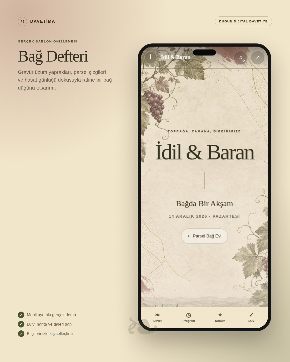 Bağ Defteri dijital davetiye şablonunun telefon içindeki gerçek mobil önizlemesi