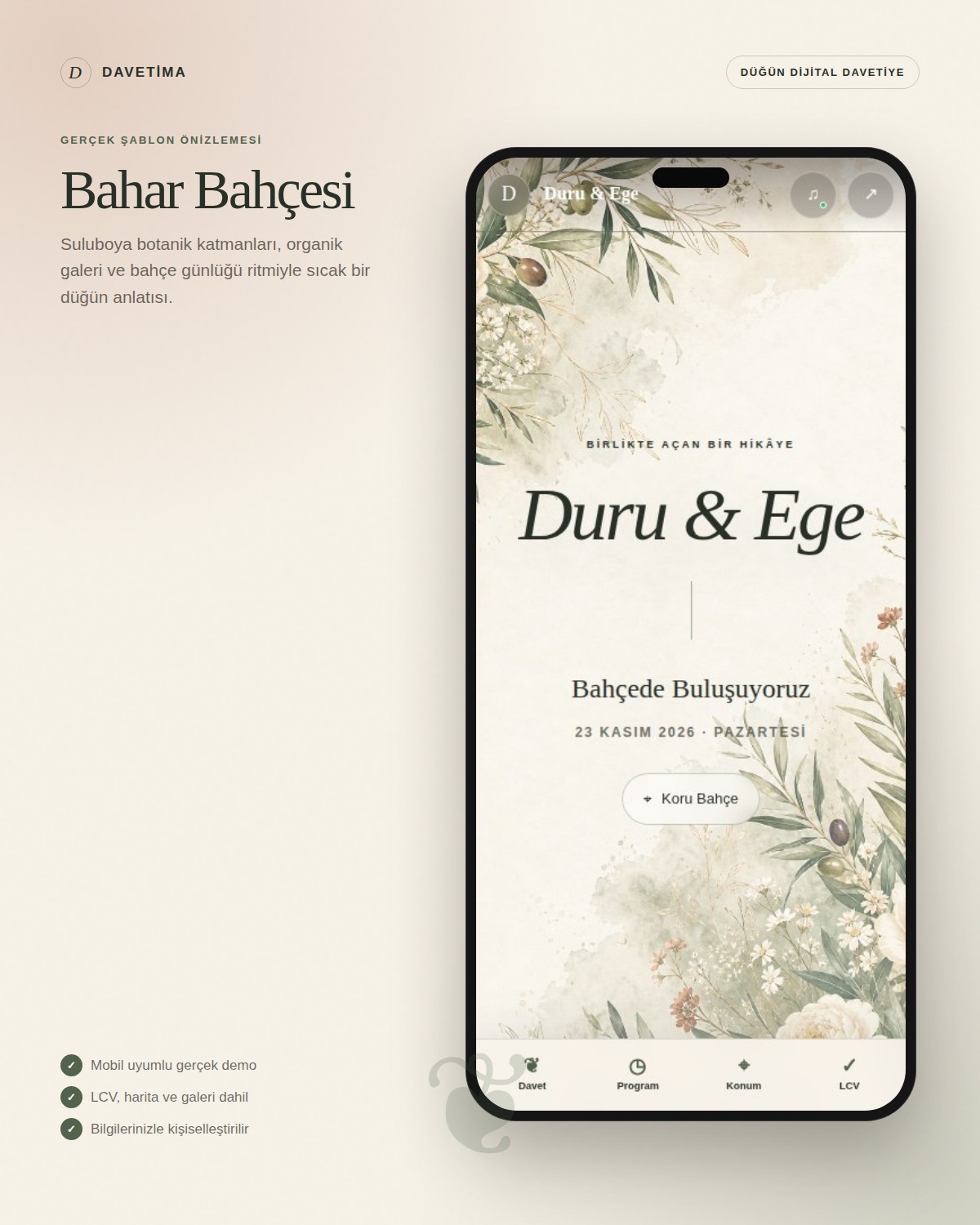 Bahar Bahçesi dijital davetiye şablonunun telefon içindeki gerçek mobil önizlemesi