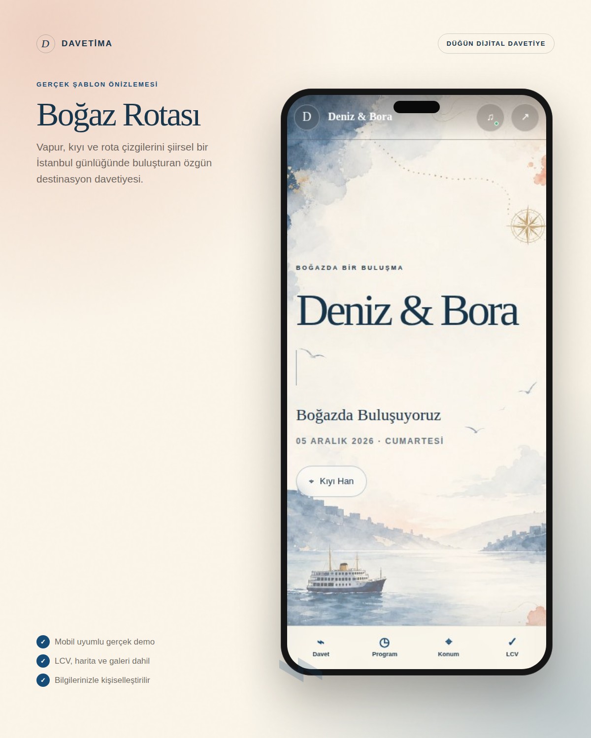 Boğaz Rotası dijital davetiye şablonunun telefon içindeki gerçek mobil önizlemesi
