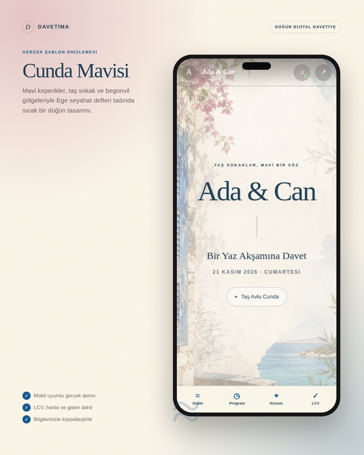 Cunda Mavisi dijital davetiye şablonunun telefon içindeki gerçek mobil önizlemesi