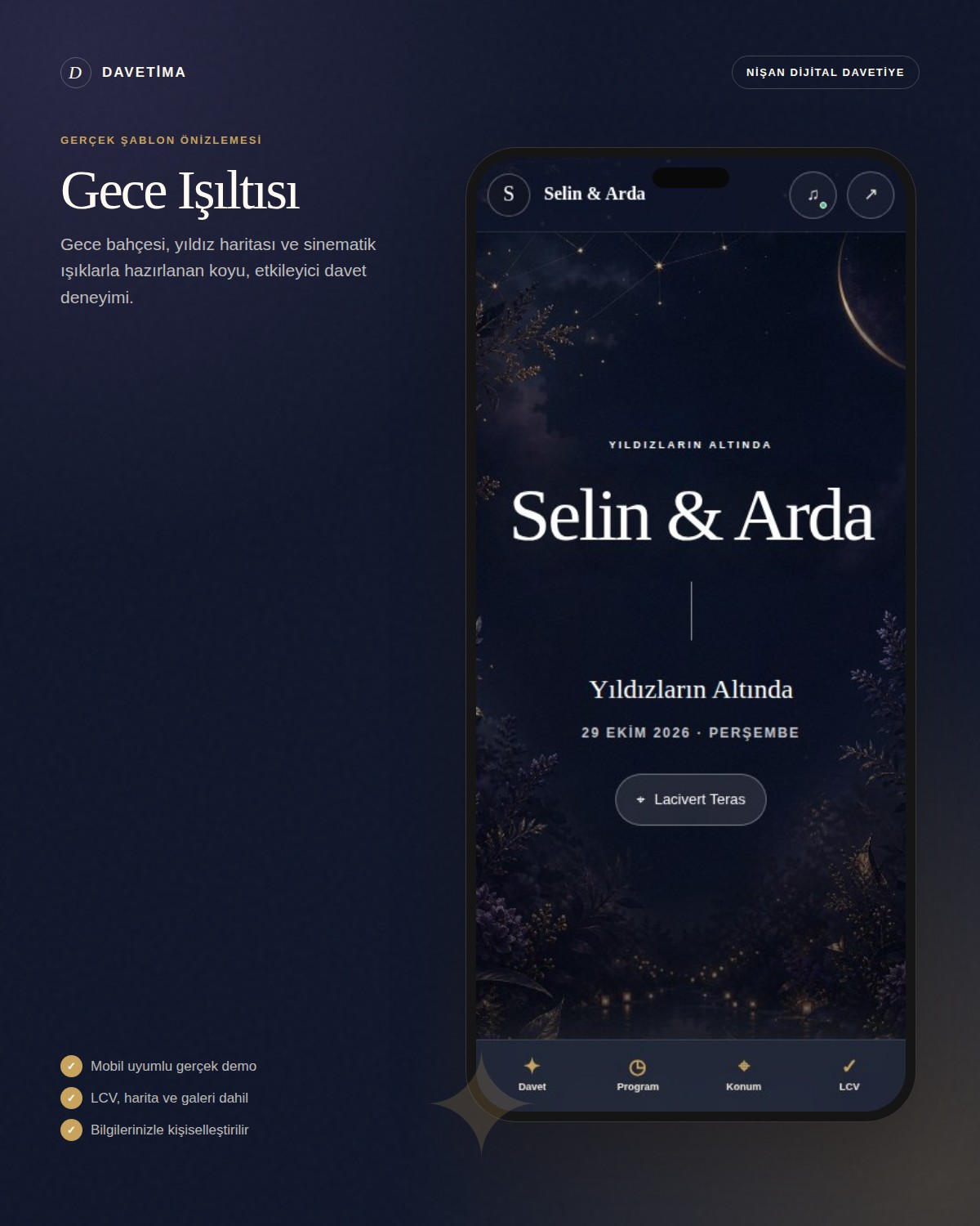 Gece Işıltısı dijital davetiye şablonunun telefon içindeki gerçek mobil önizlemesi