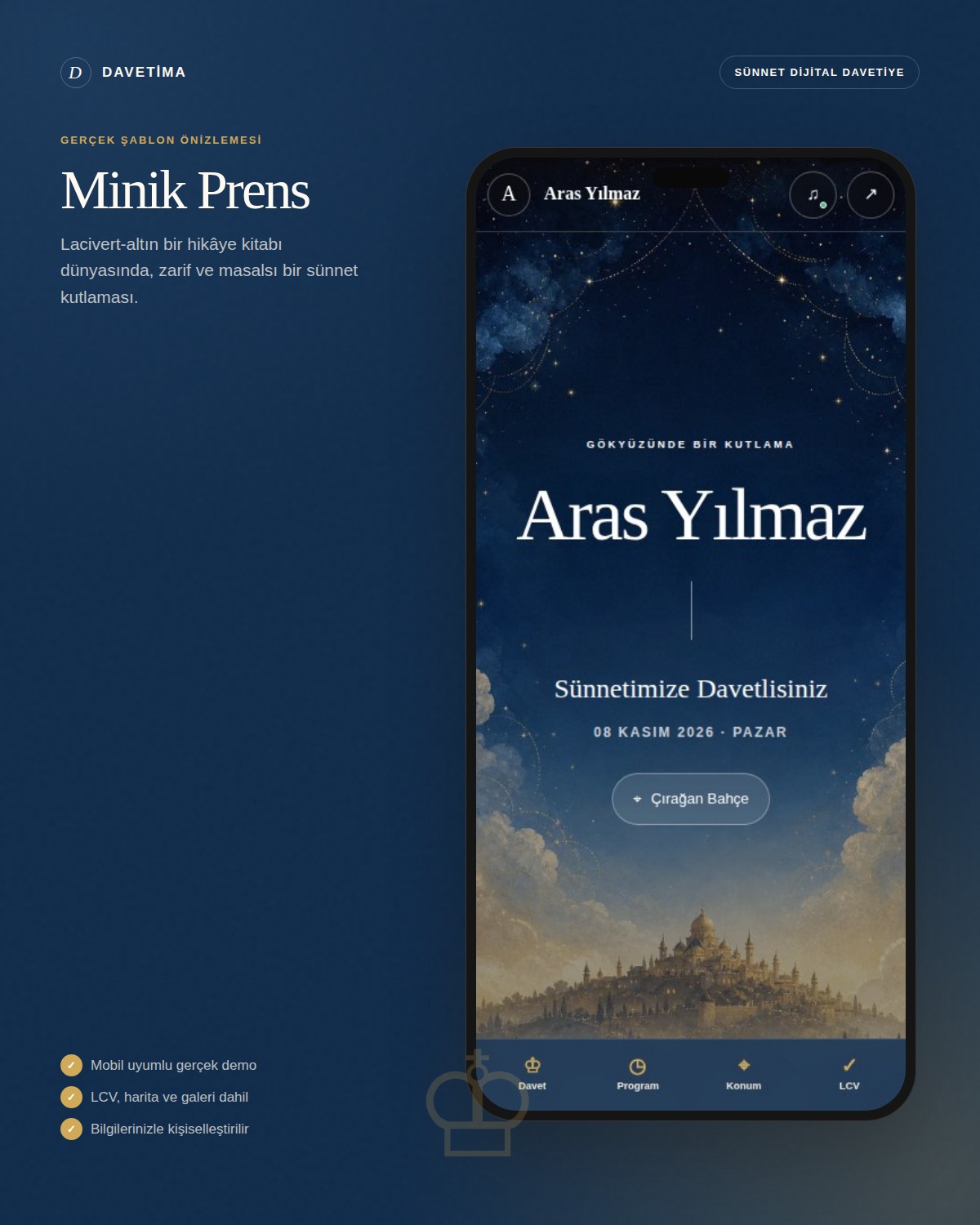 Minik Prens dijital davetiye şablonunun telefon içindeki gerçek mobil önizlemesi