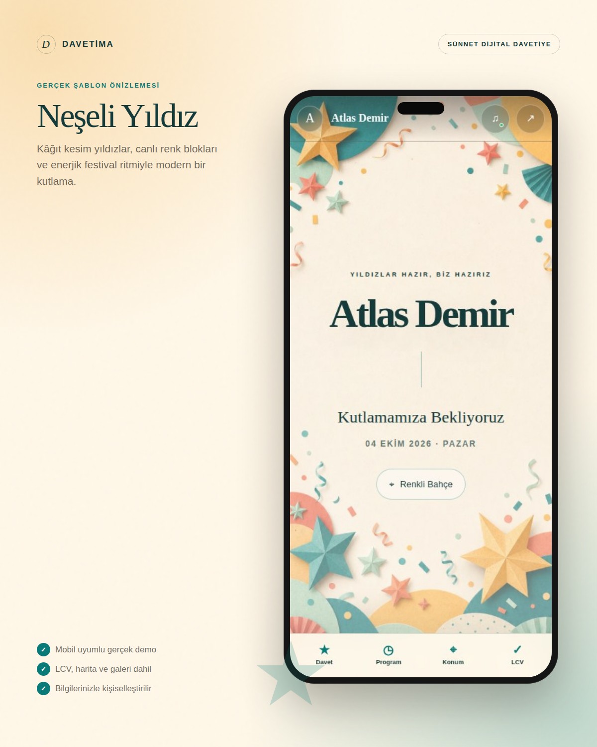 Neşeli Yıldız dijital davetiye şablonunun telefon içindeki gerçek mobil önizlemesi