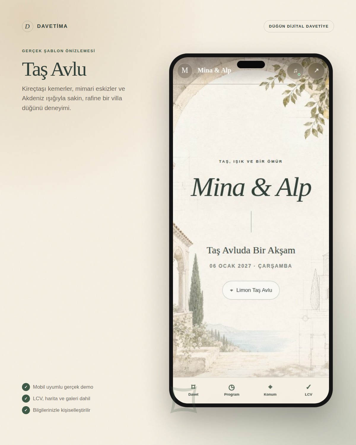 Taş Avlu dijital davetiye şablonunun telefon içindeki gerçek mobil önizlemesi