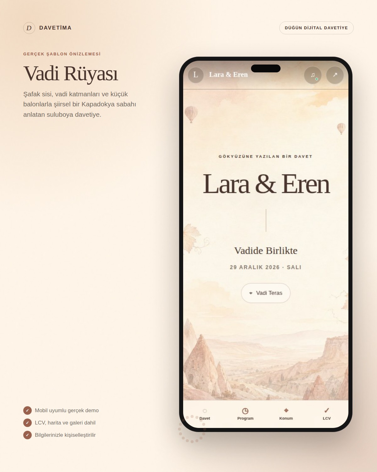 Vadi Rüyası dijital davetiye şablonunun telefon içindeki gerçek mobil önizlemesi