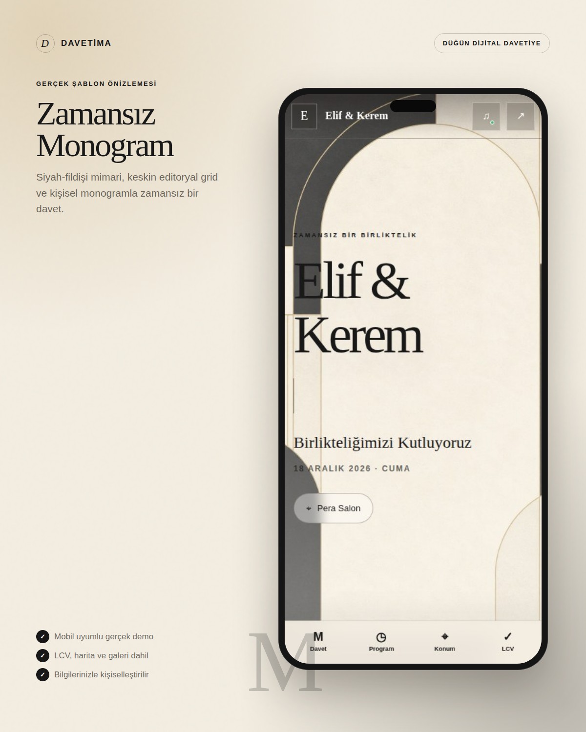 Zamansız Monogram dijital davetiye şablonunun telefon içindeki gerçek mobil önizlemesi