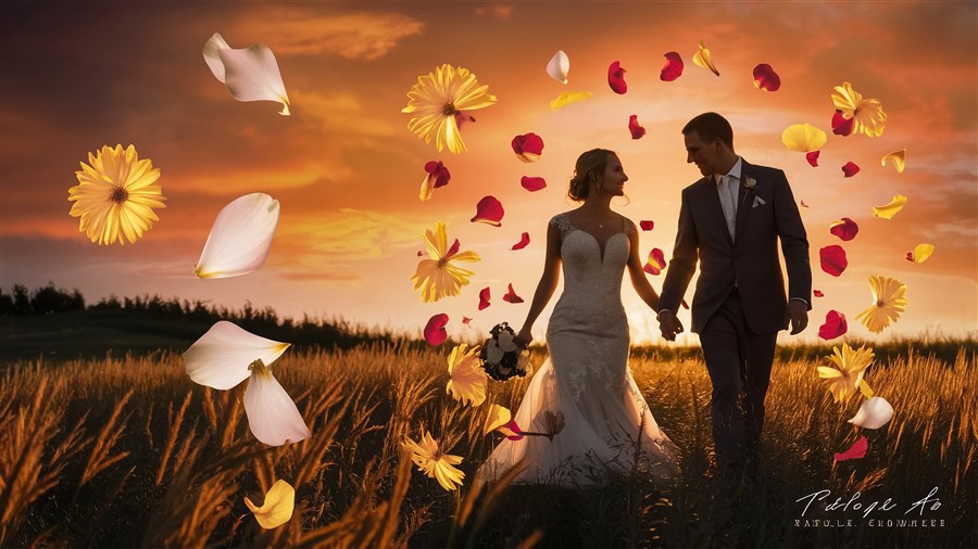 Gün batımında çiçek yaprakları arasında yürüyen gelin ve damat