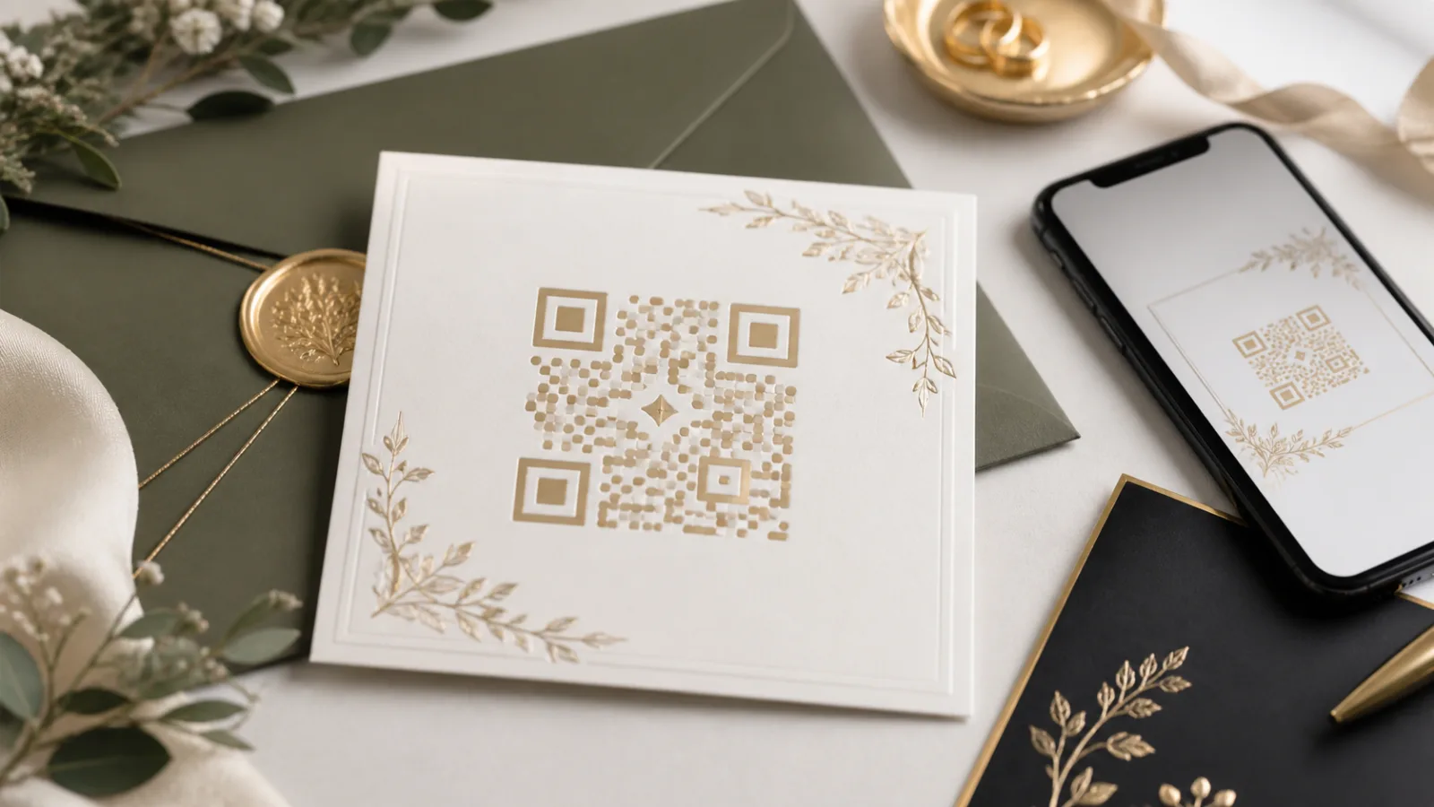 QR kodlu davetiye rehberi için dekoratif kare desenli davetiye ve telefon