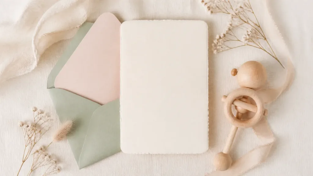 Baby shower davetiyesi hazırlama rehberi için yumuşak tonlu editoryal görsel
