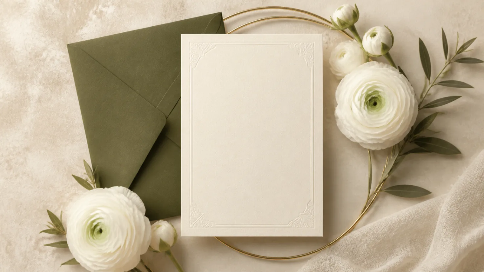 Düğün davetiyesi seçimi için çiçekli zarif editoryal görsel