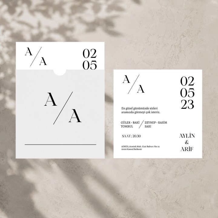 Minimalist Tipografik Kare Zarflı Davetiye – monogramlı tipografik kare zarflı davetiye ön yüzü