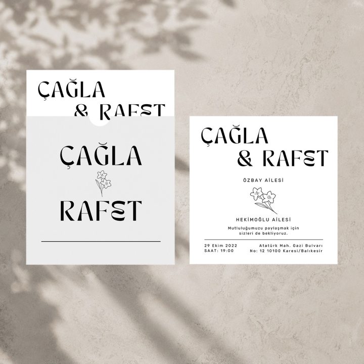 Çiçekli tipografik kare zarflı davetiye ön yüzü