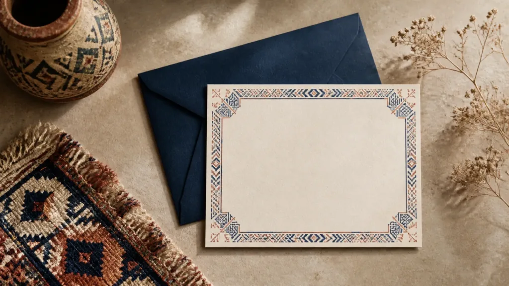 Kültürel motifli davetiye tasarımı için indigo ve terracotta tonlu editoryal görsel