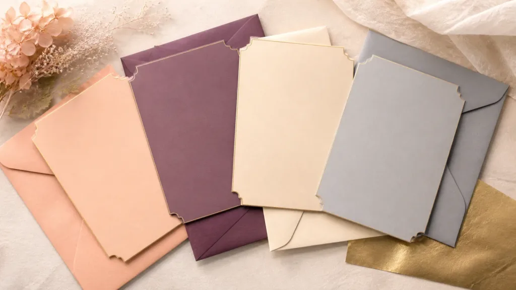 Nişan davetiyesi için pastel ve metalik renk seçenekleri editoryal görseli