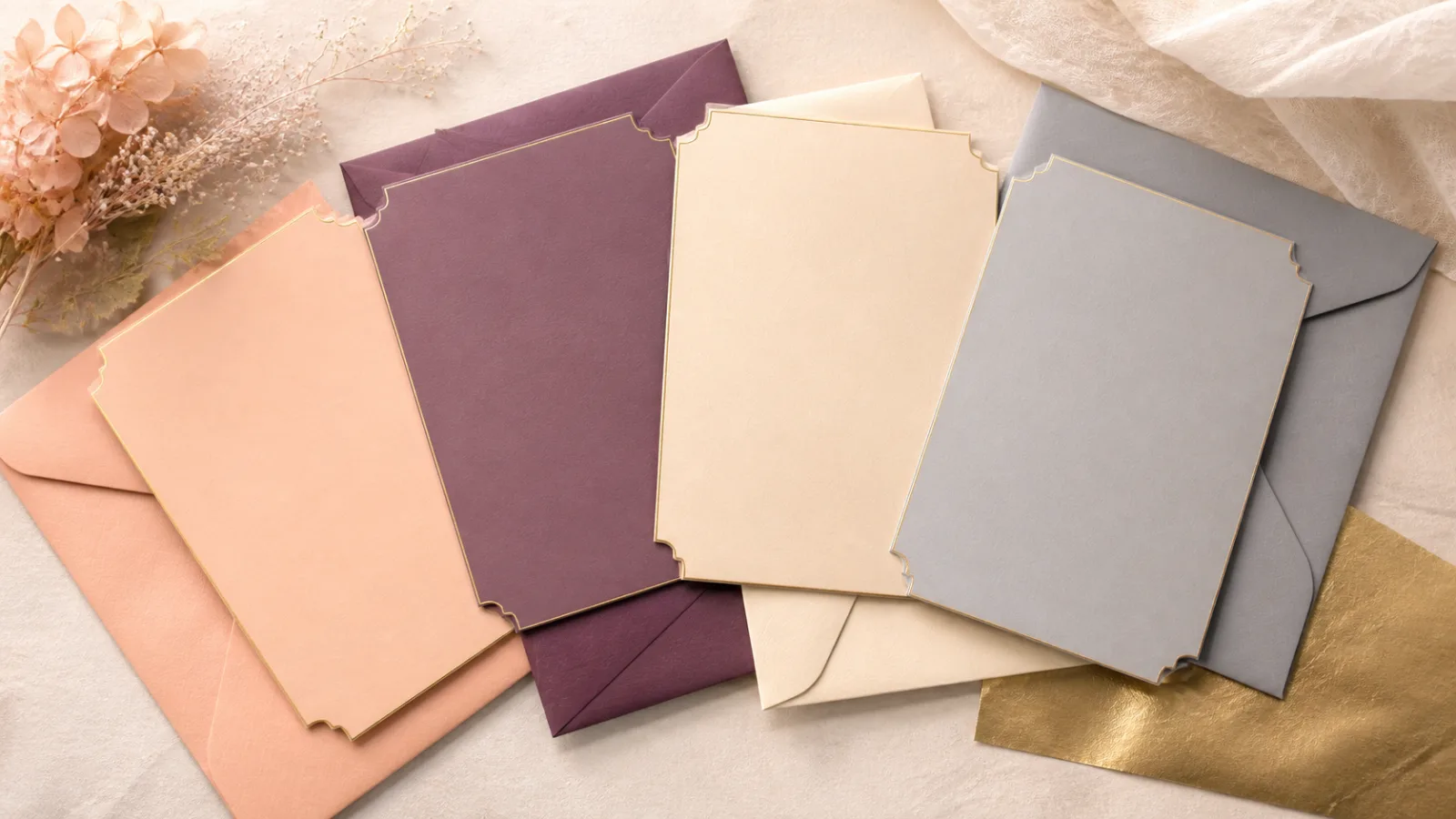 Nişan davetiyesi için pastel ve metalik renk seçenekleri editoryal görseli