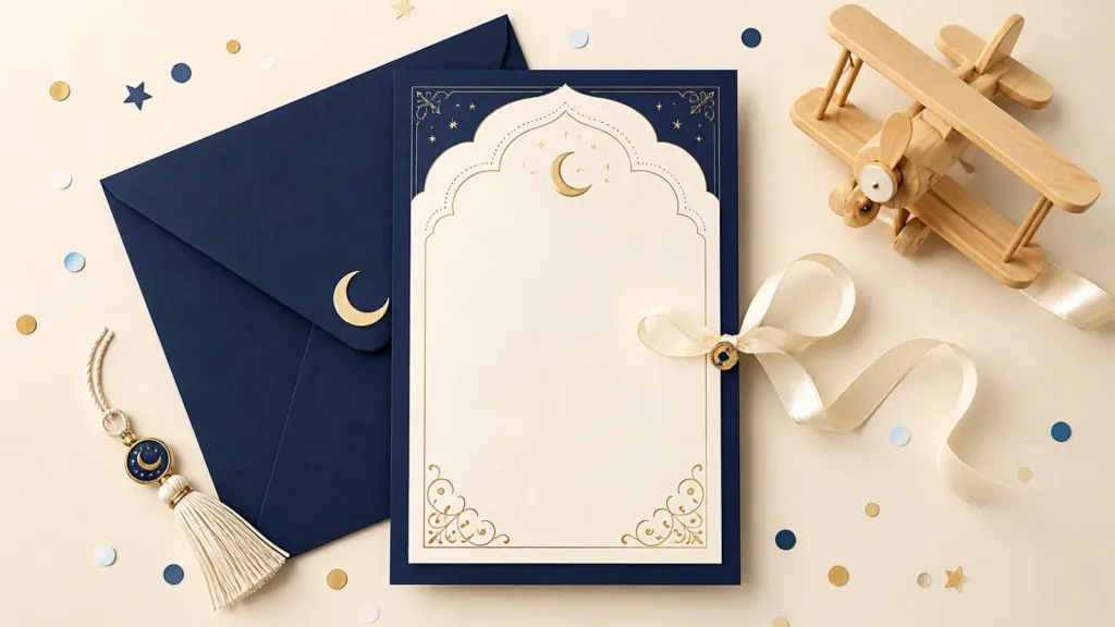Lacivert ve altın tonlarda sünnet davetiyesi kutlama akışı editoryal görseli