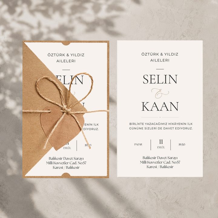 Krem Tipografik Kraft Zarflı Düğün Davetiyesi – Hasır Ipli Kalp Etiketli Düğün Davetiyesi – Hasır ipli kalp kraft etiketli düğün davetiyesi modeli ve kraft cep kılıfı