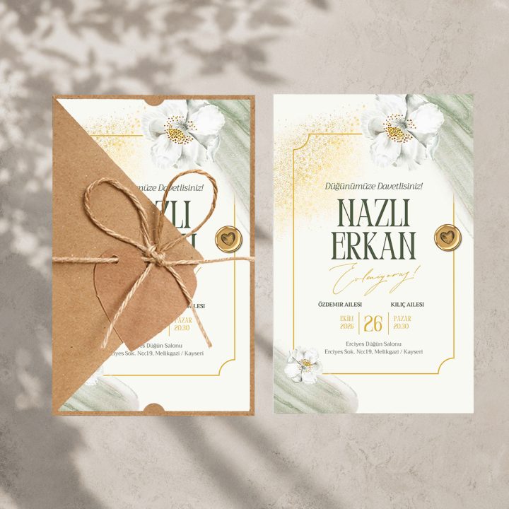Beyaz Yasemin Kraft Zarflı Düğün Davetiyesi, modelinin açık iç kartı ve ipli kraft kılıfı