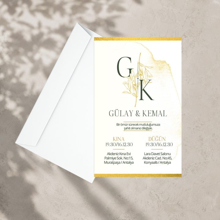 Altın Tonlu Monogramlı Düğün Davetiyesi