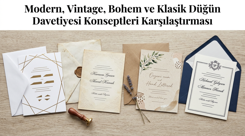 Modern, Vintage, Bohem ve Klasik Düğün Davetiyesi Konseptleri Karşılaştırması için düğün davetiyesi konseptleri odaklı editoryal görsel