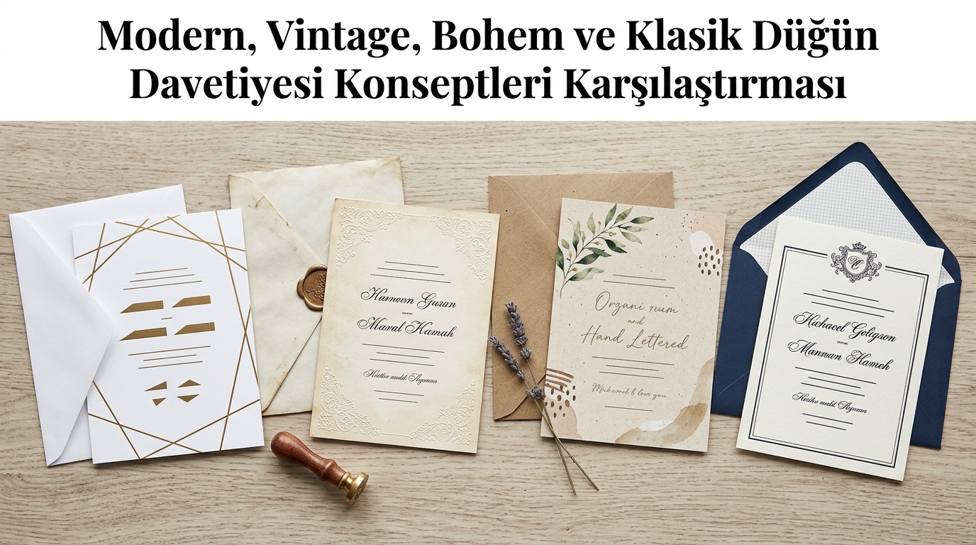 Modern, Vintage, Bohem ve Klasik Düğün Davetiyesi Konseptleri Karşılaştırması için düğün davetiyesi konseptleri odaklı editoryal görsel
