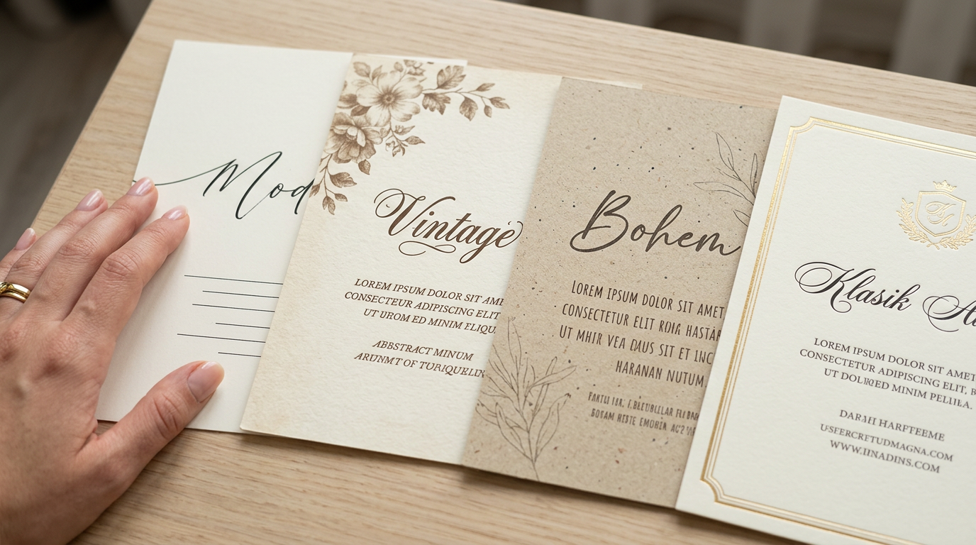 Modern, Vintage, Bohem ve Klasik Düğün Davetiyesi Konseptleri Karşılaştırması: Tipografide Script ve Gövde Dengesi